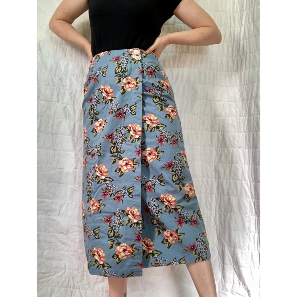Vintage twill blue floral midi wrap skirt